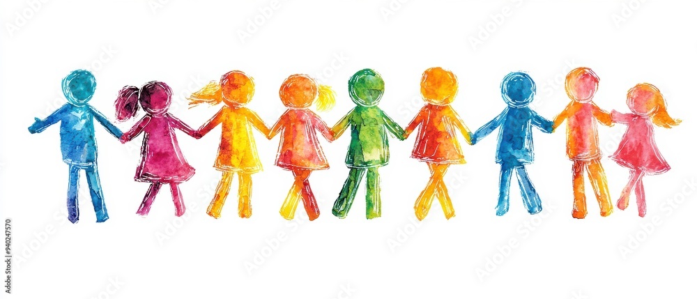 Colorful paper dolls holding hands, representing unity and friendship among children in a vibrant and playful design. Colorful paper dolls holding hands, representing unity and friendship among children in a vibrant and playful design.