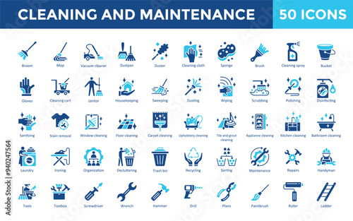 Cleaning and Maintenance icon set with broom, mop, vacuum cleaner, dustpan, duster, cleaning cloth, sponge, brush, cleaning spray, bucket icon. Simple flat vector 
