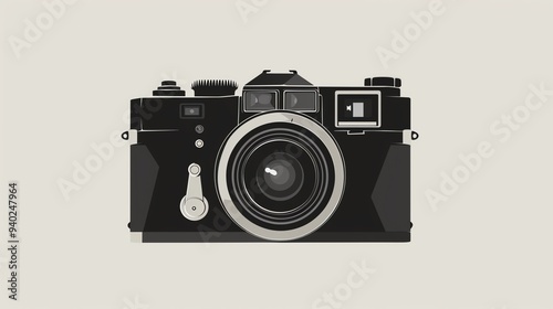 A simple illustration of a camera on a gray background.