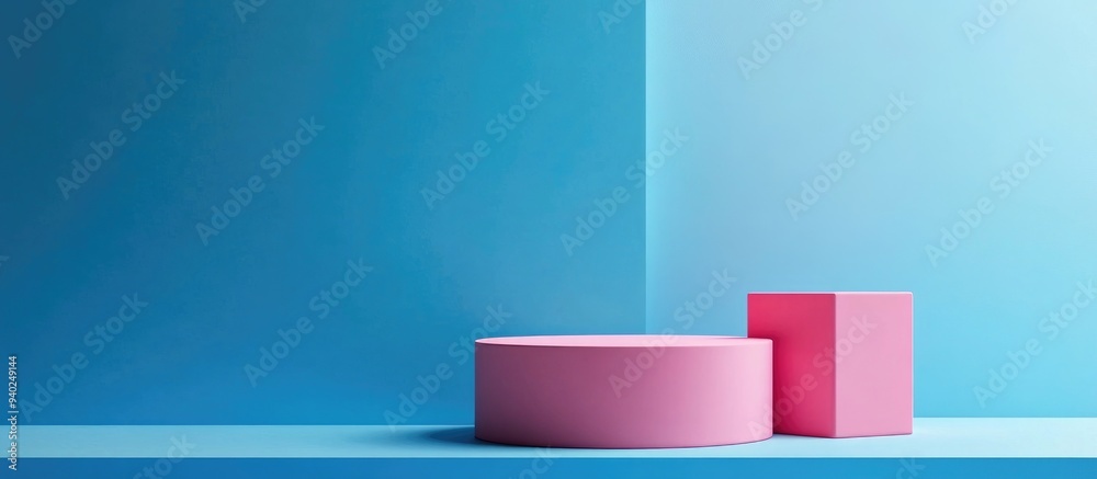 3D background showcasing a product display with a pink square podium set against a blue backdrop 3D background showcasing a product display with a pink square podium set against a blue backdrop