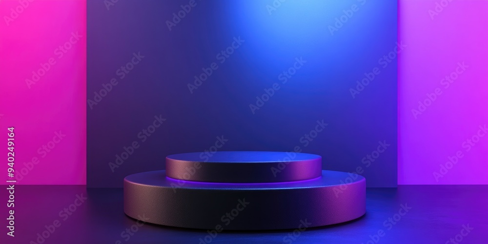 3D rendering of a black podium with a purple and blue gradient design 3D rendering of a black podium with a purple and blue gradient design