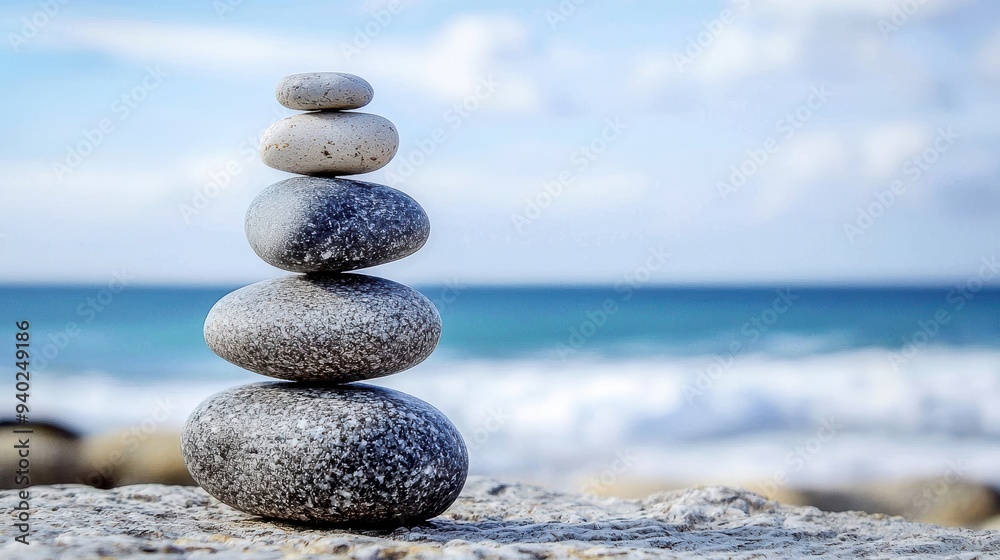 Fototapeta premium A tranquil stack of smooth stones by the ocean, symbolizing balance and harmony against a serene beach backdrop.