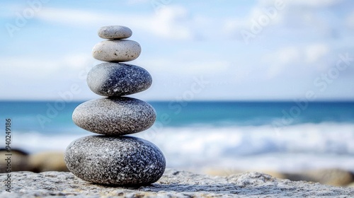 A tranquil stack of smooth stones by the ocean, symbolizing balance and harmony against a serene beach backdrop.