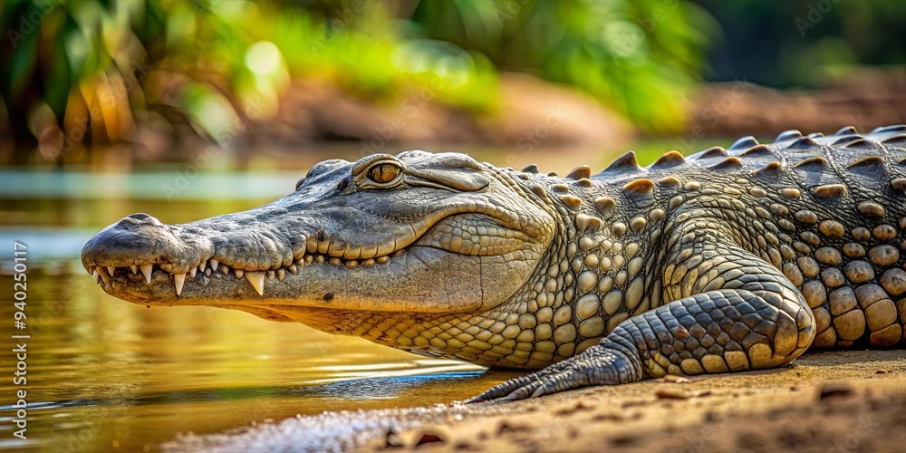 Obraz premium Close-up of an American crocodile resting on a riverbank , American crocodile, reptile, predator, wildlife, crocodilian