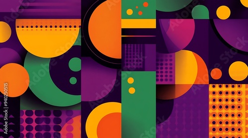 Abstract Geometric Pattern with Orange, Green, and Purple Shapes photo