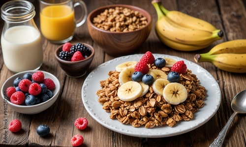 a cozy breakfast table setting showcasing a serving of homemade granola with milk poured over it, garnished with ripe bananas and assorted berries on an old-fashioned wooden tabletop