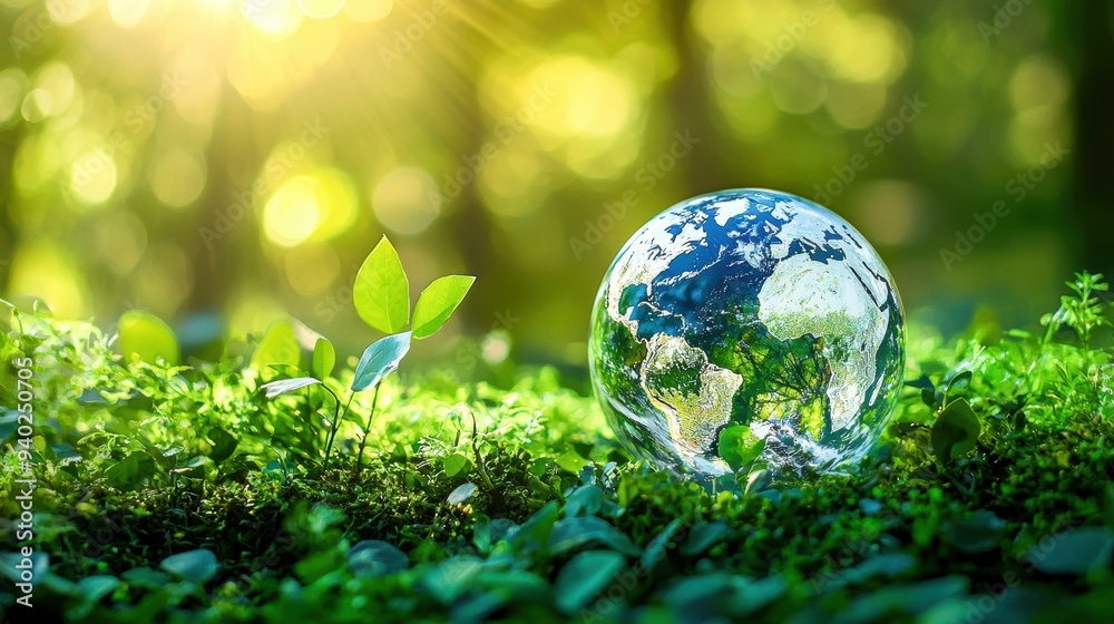 A crystal clear globe resting on lush green grass, symbolizing nature and environmental conservation in a vibrant ecosystem.