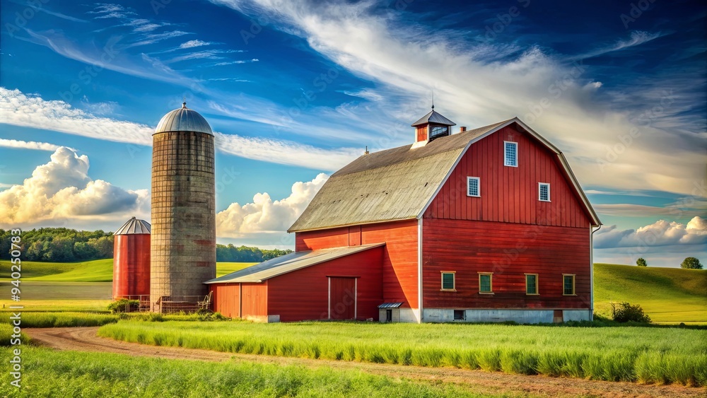 Rustic red barn and silo surrounded by rolling fields and blue sky, farm, rural, agriculture, countryside, vintage Rustic red barn and silo surrounded by rolling fields and blue sky, farm, rural, agriculture, countryside, vintage