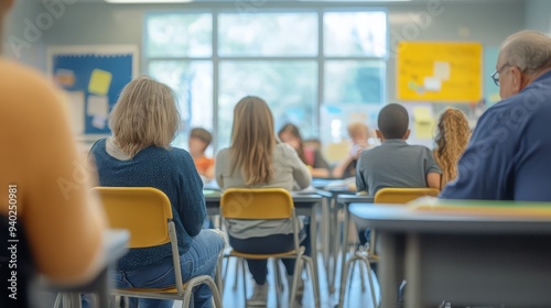 Blurred images of parents sitting in the classroom oveview their children learning.