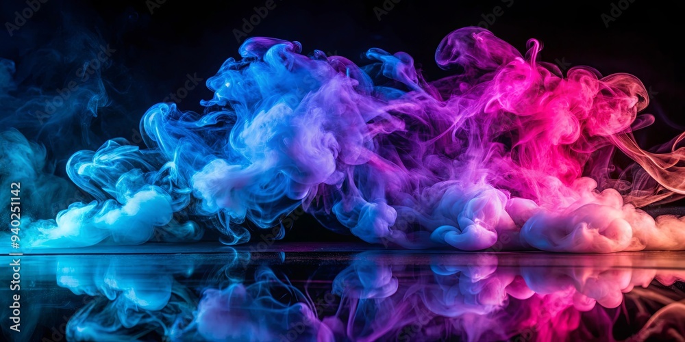 Colorful smoke clouds swirl in blue and purple neon light on black table background with reflection, smoke, clouds Colorful smoke clouds swirl in blue and purple neon light on black table background with reflection, smoke, clouds