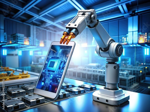 A futuristic robotic arm holds a sleek smartphone displaying a vibrant advertisement on its screen, surrounded by circuit boards and microchips in a high-tech laboratory setting. photo