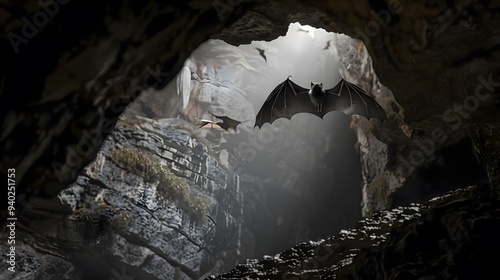 Bat Flying Through Cave Entrance photo