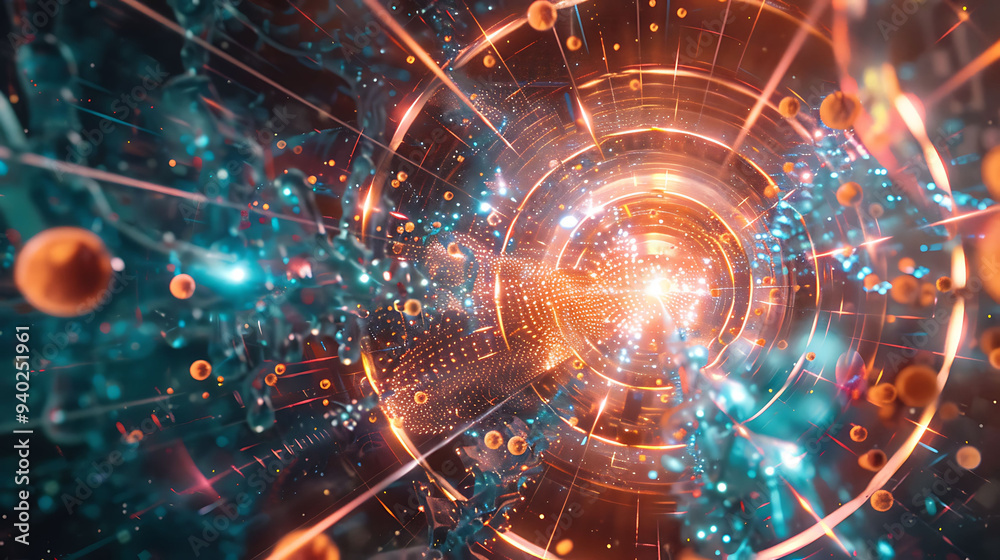 Fototapeta premium Detailed image of the Higgs boson field interacting with various subatomic particles in a particle collider
