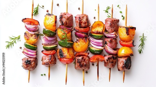 Delicious shish kebabs with vegetables isolated on white, top view