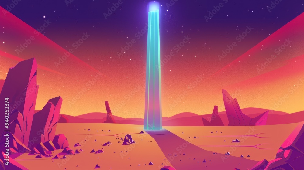 Mysterious Blue Light Emitting Column in a Starry Desert Landscape Mysterious Blue Light Emitting Column in a Starry Desert Landscape