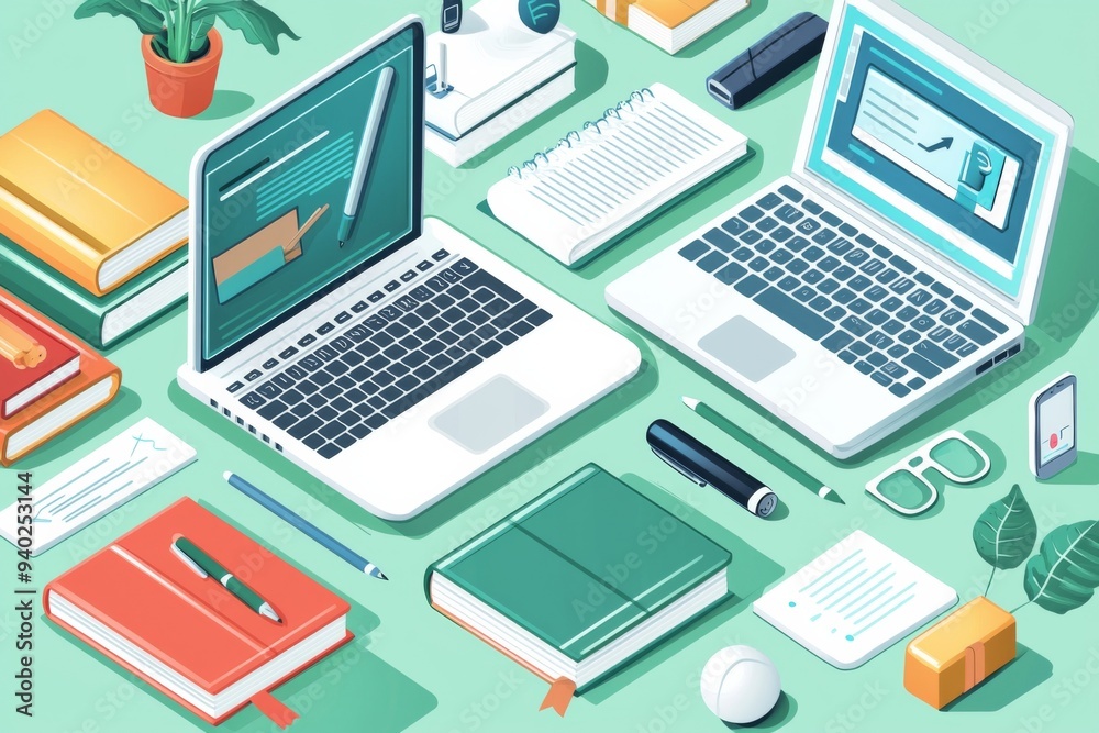 Illustration of educational learning tools set on table created with Generative AI Illustration of educational learning tools set on table created with Generative AI
