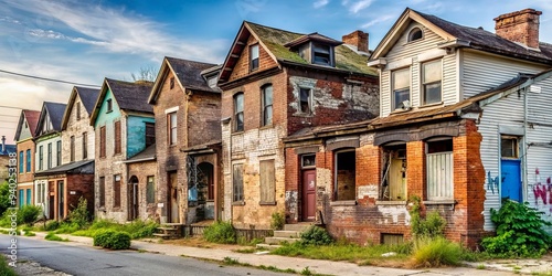Image of a row of dilapidated houses in a poor neighborhood with graffiti-covered walls and broken windows, Poor