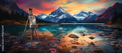 Canvas on the edge of an icy lake, paint splattered around it with a sunset in the background. photo