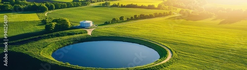 Aerial capture of a biogas plant with circular storage tanks, surrounded by green fields, sustainable energy solutions, ecoindustrial landscape photo