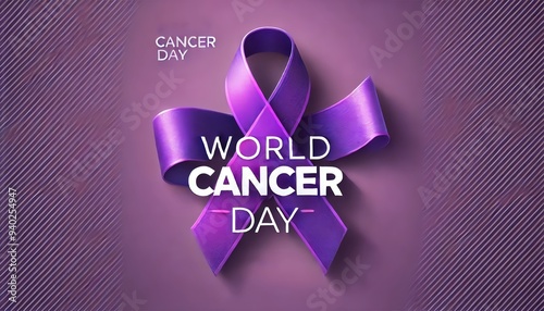 Elegant World Cancer Day awareness design featuring a purple ribbon on a textured background with bold typography
