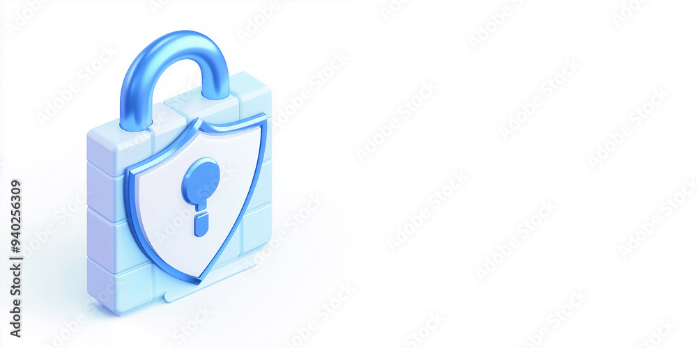 3D Render of a Blue Padlock with a Shield on a Wall, Representing Security and Protection 3D Render of a Blue Padlock with a Shield on a Wall, Representing Security and Protection