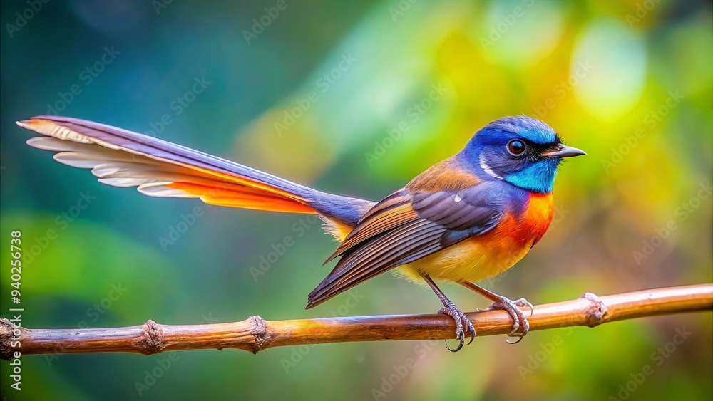 Naklejka premium Close-up photo of a colorful fantail bird with a long tail perched on a branch, fantail, piwaka, bird, colorful, wildlife