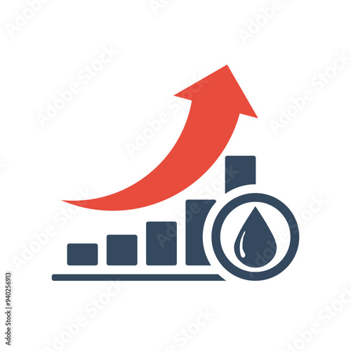 bar chart with rising exponential trend and red arrow, water price growth dynamic concept, oil reserves up trend