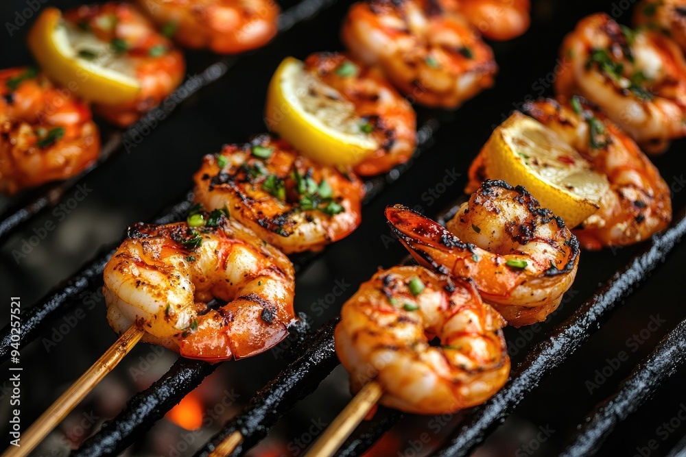 Grilled Shrimp Skewers with Lemon and Herbs on a Charcoal Grill Grilled Shrimp Skewers with Lemon and Herbs on a Charcoal Grill