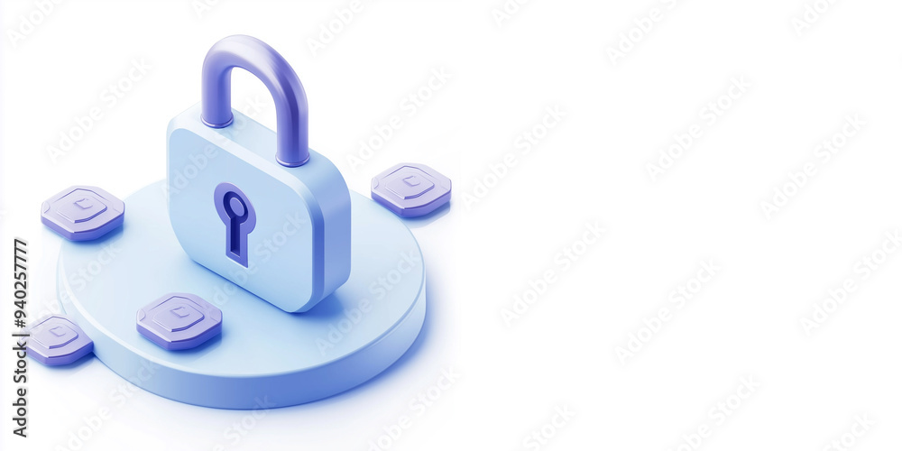 3D illustration of a padlock with keyhole surrounded by smaller locks on a platform 3D illustration of a padlock with keyhole surrounded by smaller locks on a platform