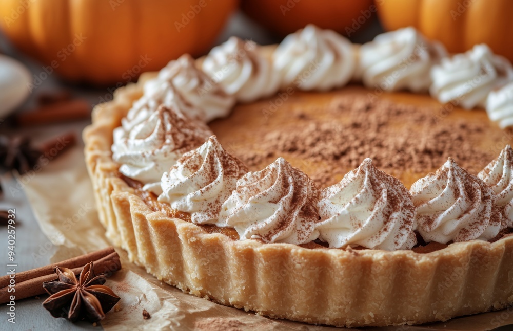 Closeup of pumpkin pie with whipped cream and cinnamon on parchment, a classic autumn dessert Closeup of pumpkin pie with whipped cream and cinnamon on parchment, a classic autumn dessert