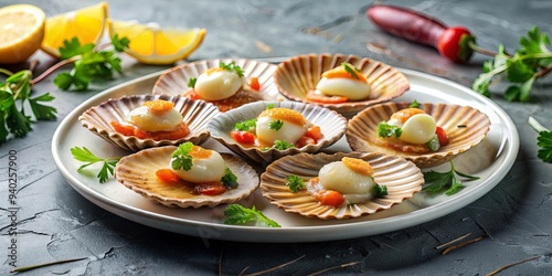 Fresh scallops on a plate ready to eat , seafood, gourmet, delicacy, shellfish, ocean, sustainable, delicious, savory, appetizer