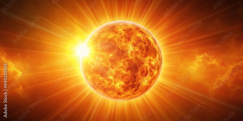 Fototapeta premium Shining orange sun heat wave background, summer, hot, bright, sunny, weather, tropical, heatwave, sunlight, shining, vibrant