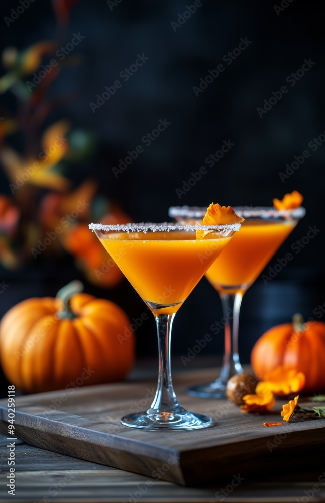 Pumpkin cocktail in martini glasses with a sugared rim, placed on a wooden tray Pumpkin cocktail in martini glasses with a sugared rim, placed on a wooden tray