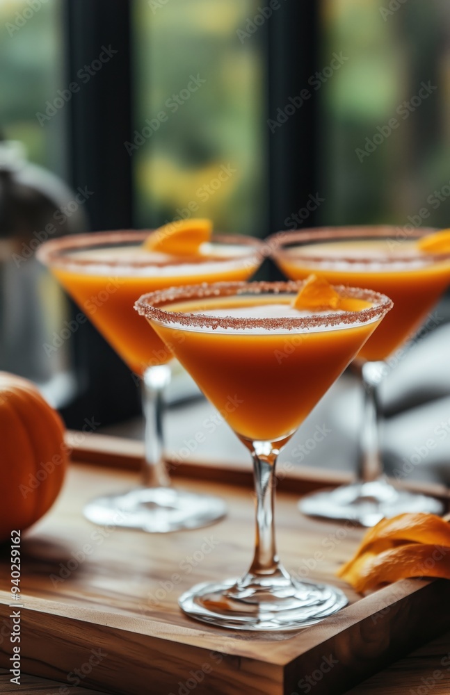 Pumpkin cocktail in martini glasses with a sugared rim, placed on a wooden tray Pumpkin cocktail in martini glasses with a sugared rim, placed on a wooden tray