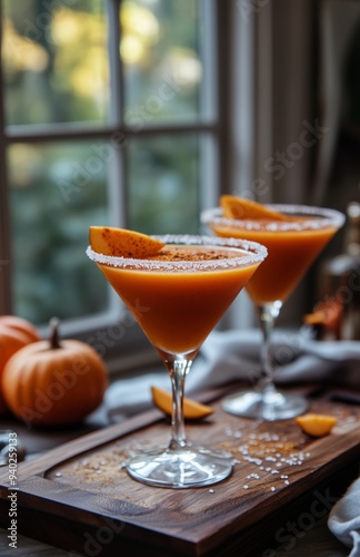 Pumpkin cocktail in martini glasses with a sugared rim, placed on a wooden tray