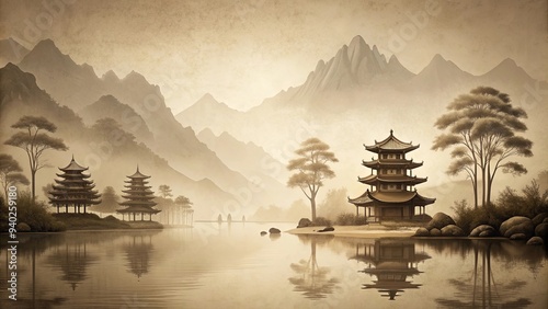 Asian landscape in sepia tones, featuring minimalist composition and vintage aesthetic, Asia, landscape, sepia