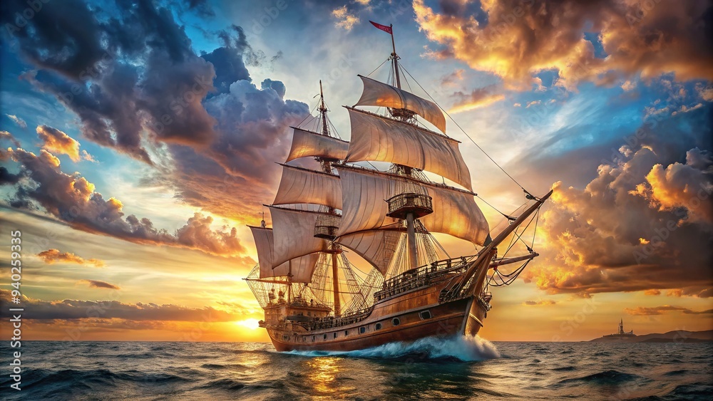 Fototapeta premium A majestic galleon sailboat navigates through uncharted waters, its billowing sails and sturdy rigging a testament to centuries of exploration and discovery at sea.