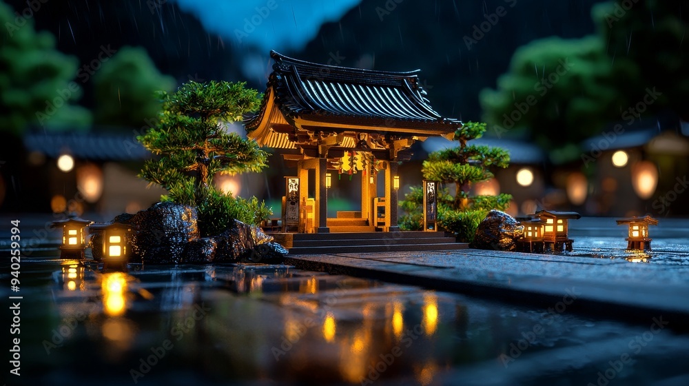 Obraz premium A 3D Shinto shrine with soft lighting, representing spirituality in Japan.