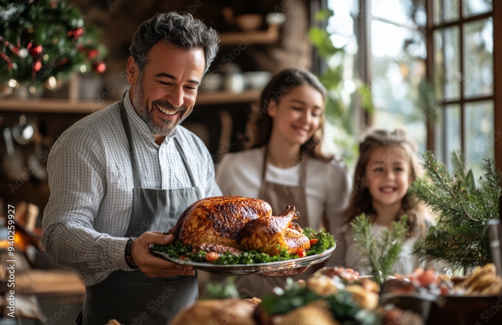 A joyful family gathers for Thanksgiving dinner, as a man presents a roasted turkey A joyful family gathers for Thanksgiving dinner, as a man presents a roasted turkey