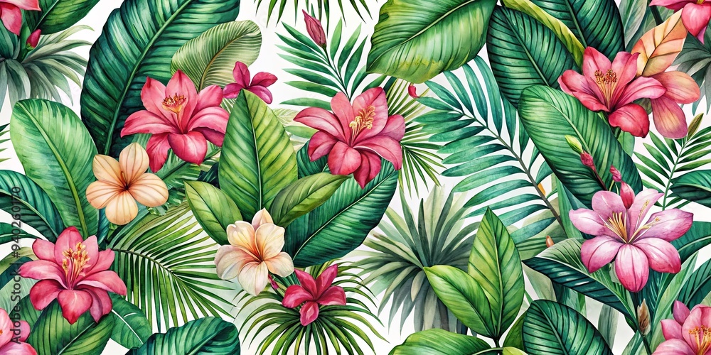 Naklejka premium Tropical Hawaiian seamless pattern with palm leaves, rhododendron flowers, and watercolor botanical elements, Hawaii