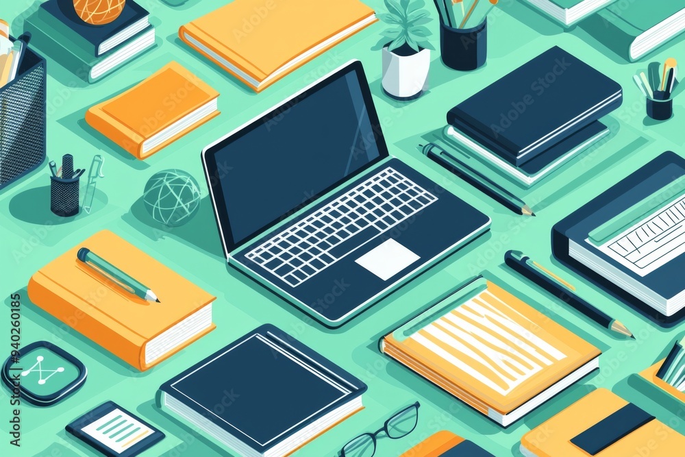 Illustration of educational learning tools set on table created with Generative AI Illustration of educational learning tools set on table created with Generative AI