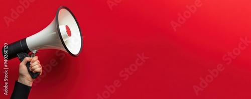 A hand holds a megaphone against a vibrant red background, symbolizing communication and announcement.