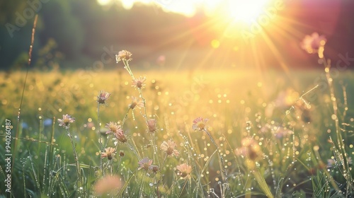 Summer meadow with grass and flowers. Beautiful nature scene with sunrise.