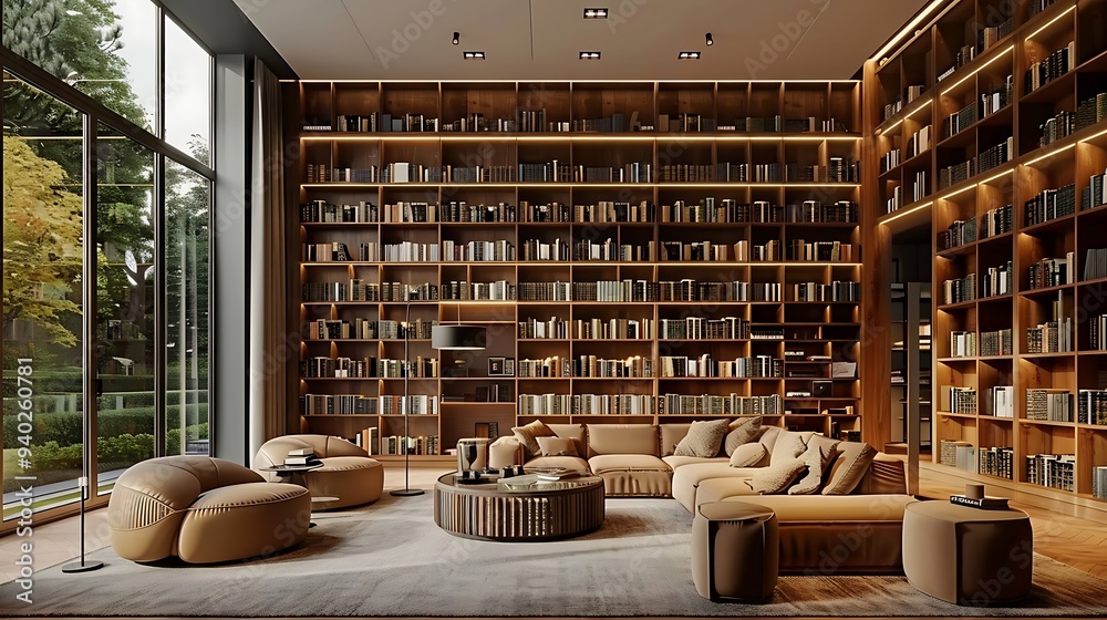 Luxury living room interior with bookshelves and sofa Luxury living room interior with bookshelves and sofa