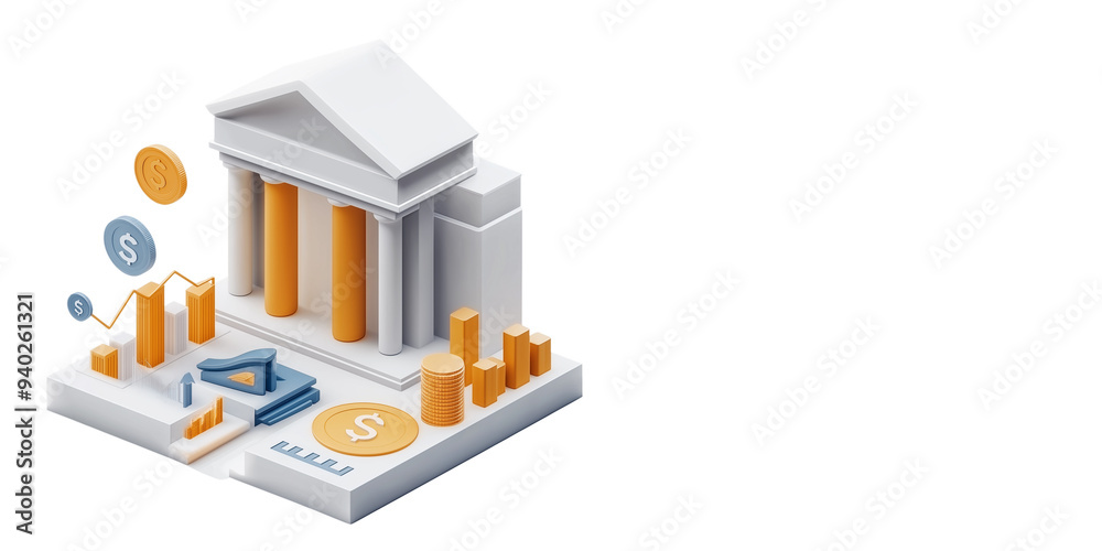 3D Isometric Illustration of a Bank Building with Gold Coins and a Growth Chart 3D Isometric Illustration of a Bank Building with Gold Coins and a Growth Chart