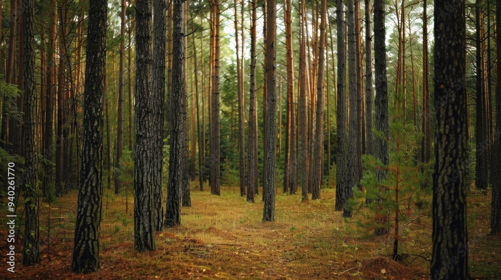 Pine forest in the morning. Nature composition. Pine forest in the morning. Nature composition.