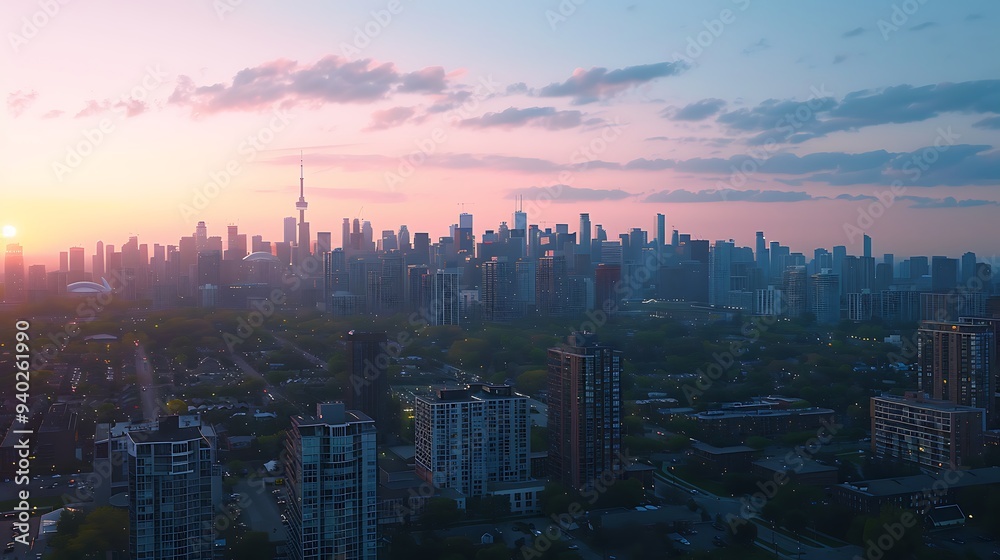 Fototapeta premium A panoramic view of a city skyline at dusk, with the last light of the sun blending into the emerging city lights, highlighting the transition from day to night. 8k UHD, suitable for high-quality 