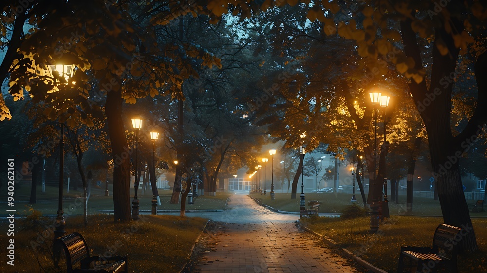 A scene of a quiet city park at night, with soft, warm streetlights illuminating the trees and pathways, providing a peaceful contrast to the bright city lights in the background. 8k UHD, suitable A scene of a quiet city park at night, with soft, warm streetlights illuminating the trees and pathways, providing a peaceful contrast to the bright city lights in the background. 8k UHD, suitable