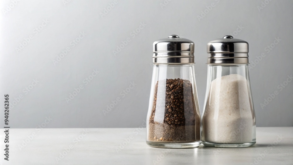 A minimalist composition featuring a pair of salt and pepper shakers against a clean white background, evoking simplicity and culinary sophistication. A minimalist composition featuring a pair of salt and pepper shakers against a clean white background, evoking simplicity and culinary sophistication.