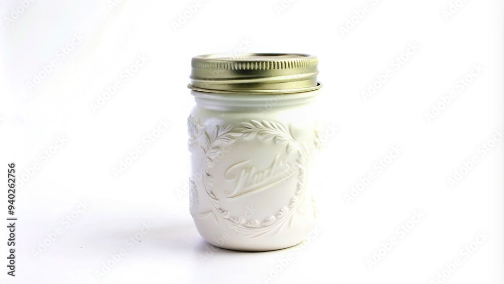 A minimalist masterpiece: a delicate white mason jar with lid sits prominently on a crisp white background, simplicity at its finest. A minimalist masterpiece: a delicate white mason jar with lid sits prominently on a crisp white background, simplicity at its finest.